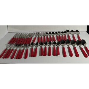 Vintage Red Stainless Steel Retro 50,s Plastic Handles Cutlery 42 Piece Set